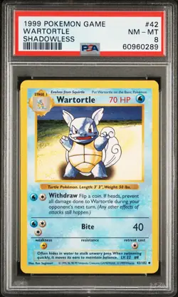 1999 POKEMON BASE SET SHADOWLESS #42 WARTORTLE PSA 8 - Image 1