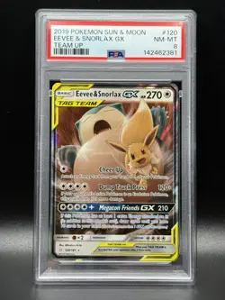 PSA 8 NM-MT Eevee & Snorlax GX 120 Team Up Pokemon Card - Image 1