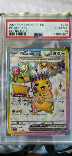 Pokemon Pikachu ex Ultra Rare Holo PSA 10 Sv08 219/191 2024 English - Image 1