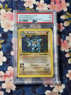 1999 POKEMON GAME 1ST ED-SHADOWLESS #8 MACHAMP HOLO PSA 7 - Image 1