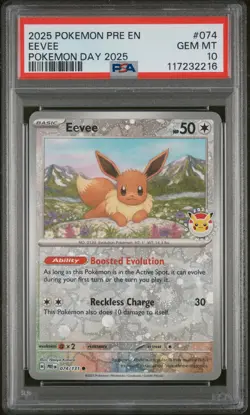 2025 POKEMON PRE EN-PRISMATIC EVOLUTIONS POKEMON DAY 2025 #074 EEVEE PSA 10 - Image 1