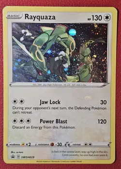 Rayquaza Pokemon SWSH029 Black Star Promo Cosmos Holo Bleed Error & Swirls - Image 1