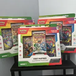 POKEMON First Partner Illustration Collection Box Sealed 2 Booster Packs+Promos - Image 1