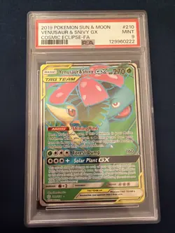 2019 POKEMON SUN & MOON COSMIC ECLIPSE #210 FULL ART/VENUSAUR & SNIVY GX PSA 9 - Image 1