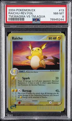 2004 POKEMON EX TEAM MAGMA VS TEAM AQUA #13 RAICHU-REVERSE FOIL PSA 8 - Image 1