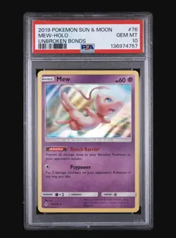 2019 POKEMON SUN & MOON UNBROKEN BONDS #76 MEW HOLO PSA 10 LOW POP - Image 1