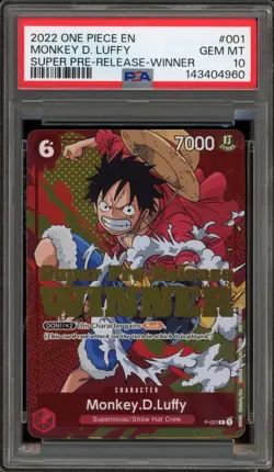 One Piece CCG Monkey.D.Luffy Super Pre-Release Winner Promo P-001 PSA 10 - Image 1