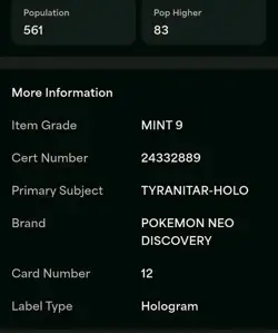 Pokemon Tyranitar 12 Holo - PSA 9 Mint - Neo Discovery - 12/75 Low Pop! - Image 3