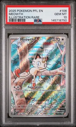 2025 Pokemon Pfl En-Phantasmal Flames #106 Meowth Illustration Rare PSA 10 - Image 1