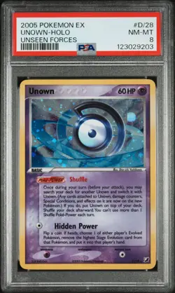 2005 POKEMON EX UNSEEN FORCES #D/28 UNOWN-HOLO PSA 8 - Image 1