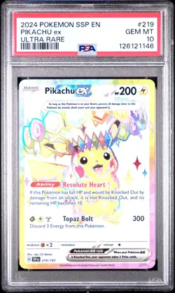 2024 POKEMON SSP EN-SURGING SPARKS ULTRA RARE #219 PIKACHU EX PSA 10 - Image 1