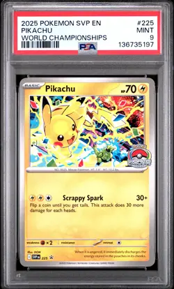 2025 POKEMON SVP EN-SV BLACK STAR PROMO WORLD CHAMPIONSHIPS #225 PIKACHU PSA 9 - Image 1