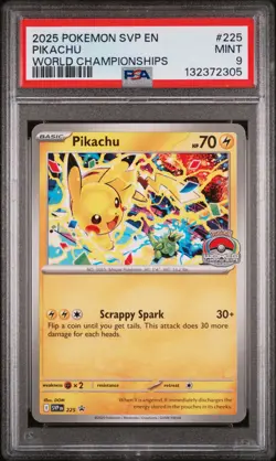 2025 POKEMON SVP EN-SV BLACK STAR PROMO WORLD CHAMPIONSHIPS #225 PIKACHU PSA 9 - Image 1