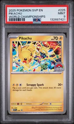 2025 POKEMON SVP EN-SV BLACK STAR PROMO WORLD CHAMPIONSHIPS #225 PIKACHU PSA 9 - Image 1