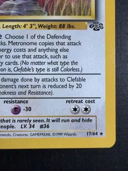 Pokemon TCG Clefable Jungle 17/64 Rare Regular Unlimited 70 HP 1999 Wizards - Image 5