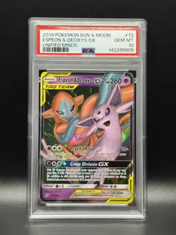 PSA 10 GEM MINT Espeon & Deoxys GX 72 Unified Minds Pokemon Card - Image 1