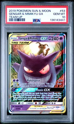 2019 POKEMON SUN & MOON TEAM UP #53 GENGAR & MIMIKYU GX PSA 10 - Image 1