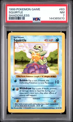 1999 Pokemon Base Set (Shadowless) SQUIRTLE #63/102 NM PSA 7 - Image 1