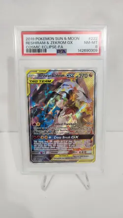 Pokemon TCG Reshiram & Zekrom GX (Full Art) SM Cosmic Eclipse 222 /236 NM PSA 8 - Image 1