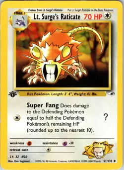 Lt. Surge's Raticate 051/132 Gym Heroes Pokemon MP 1st Edition - Image 1