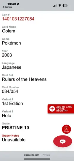 CGC PRISTINE 10 BL Golem 1st Ed 034/054 Rulers Heavens Holo Pokemon 2003-POP 1 - Image 3