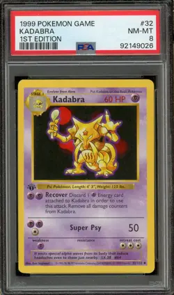1999 Pokemon Game #32 Kadabra 1st Edition Shadowless PSA 8 NM-MT - Image 1