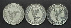 Rare vintage Japanese Pokemon Metal battle Coin Meiji Zapdos Moltres Articuno - Image 1