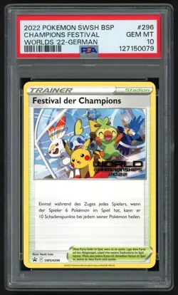 Pokemon Champions Festival Promo SWSH296 World Championship 2022 GERMAN PSA 10 - Image 1