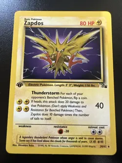 Pokemon TCG Zapdos 30/62 1st Edition Fossil Rare Non-Holo Card 1999 WOTC NM - Image 1