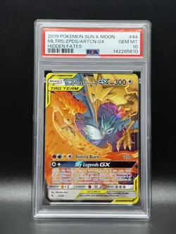 PSA 10 GEM MINT Moltres & Zapdos & Articuno GX 44 Hidden Fates Pokemon Card - Image 1