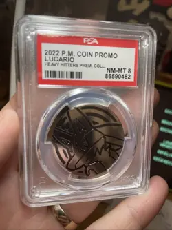2022 Pokemon English Lucario Coin Promo Movie Heavy Hitters Prem Pack PSA 8 MINT - Image 1