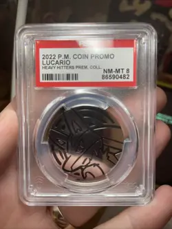 2022 Pokemon English Lucario Coin Promo Movie Heavy Hitters Prem Pack PSA 8 MINT - Image 2