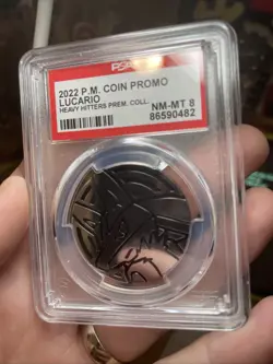 2022 Pokemon English Lucario Coin Promo Movie Heavy Hitters Prem Pack PSA 8 MINT - Image 3