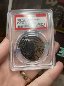 2022 Pokemon English Lucario Coin Promo Movie Heavy Hitters Prem Pack PSA 8 MINT - Image 5