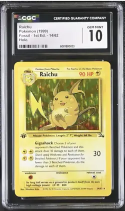 CGC 10 GEM MINT Raichu 1999 Fossil 1st Edition 14/62 Holo Pokemon Card - Image 1