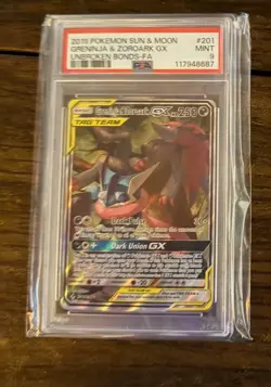 2019 POKEMON SUN & MOON UNBROKEN BONDS #201 FULL ART/GRENINJA & ZOROARK GX PSA 9 - Image 1
