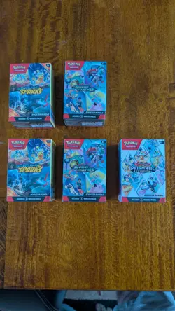 5 Pokemon booster bundles: 2x Surging Sparks, 2x Journey Together, 1x Primatic - Image 1