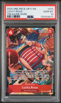 2025 ONE PIECE OP11-A FIST OF DIVINE SPEED TREASURE RARE #015 LUCKY ROUX PSA 10 - Image 1