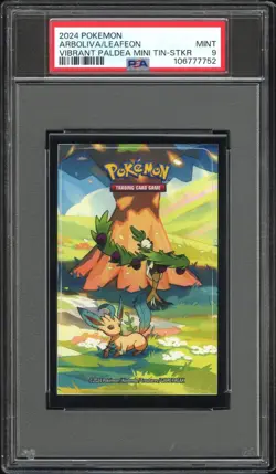 2024 POKEMON VIBRANT PALDEA MINI TINS STICKER ARBOLIVA/LEAFEON PSA 9 - Image 1