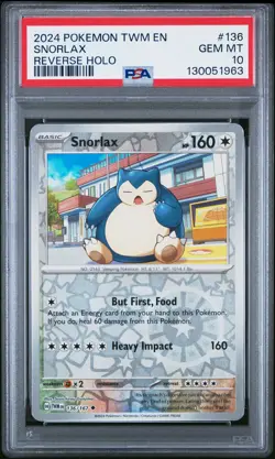 2024 POKEMON TWM EN-TWILIGHT MASQUERADE REVERSE HOLO #136 SNORLAX PSA 10 - Image 1