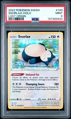 2022 POKEMON SWORD & SHIELD LOST ORIGIN #143 SNORLAX-HOLO PSA 9 - Image 1