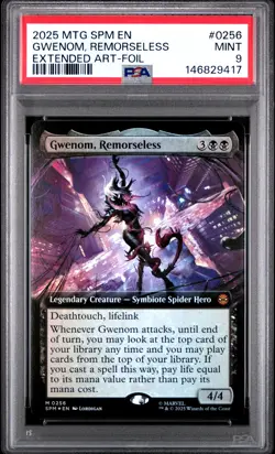 2025 MTG MARVEL'S SPIDER-MAN EXTENDED ART-FOIL #0256 GWENOM, REMORSELESS PSA 9 - Image 1