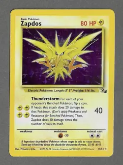 ZAPDOS Holo 15/62 Fossil Set Pokemon Card - Image 1