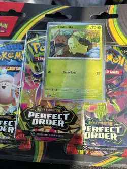 Pokemon Mega Evolution Perfect Order 3-Pack Blister (Chikorita Promo) - Image 3