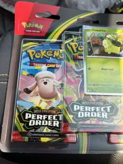Pokemon Mega Evolution Perfect Order 3-Pack Blister (Chikorita Promo) - Image 4