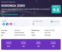 One Piece English Roronoa Zoro Leader Alt Art Learn Together OP12-020 AGS 9.5 - Image 3