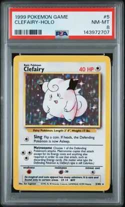 1999 POKEMON BASE SET UNLIMITED #5 CLEFAIRY-HOLO PSA 8 - Image 1