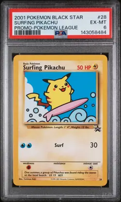 2001 POKEMON PROMO BLACK STAR POKEMON LEAGUE #28 SURFING PIKACHU PSA 6 - Image 1