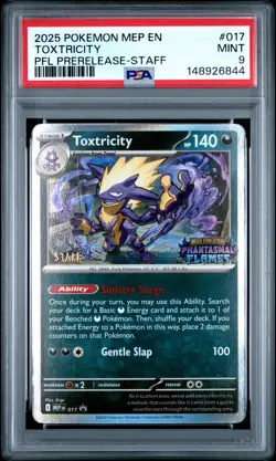 2025 POKEMON PHANTASMAL FLAMES PRERELEASE-STAFF PROMO #017 TOXTRICITY PSA 9 - Image 1