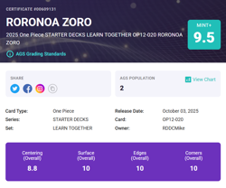 One Piece English Roronoa Zoro Leader Alt Art Learn Together OP12-020 AGS 9.5 - Image 3